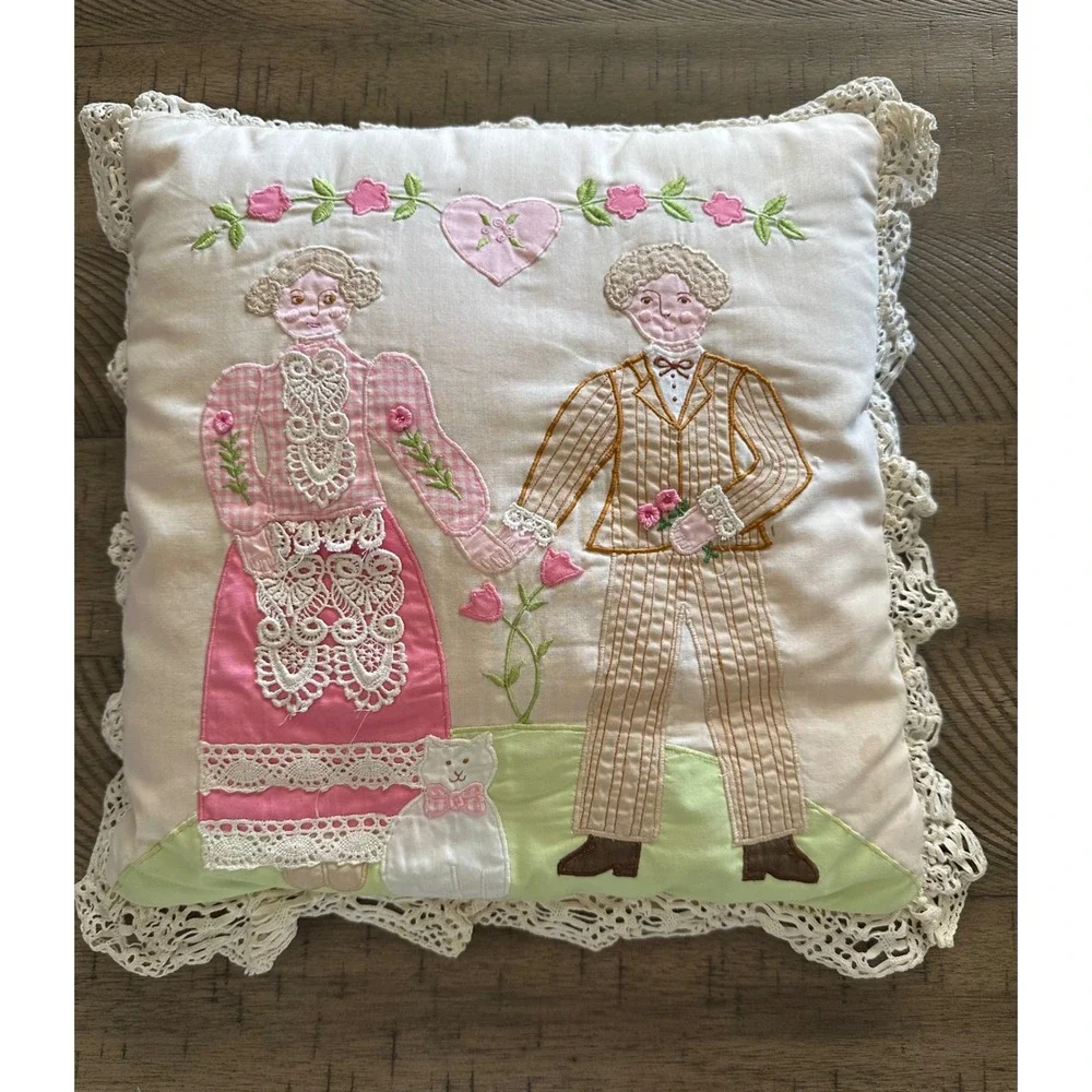 Vintage House of Hatten Applique Pillow Folk Art Victorian Couple Lace 13x13